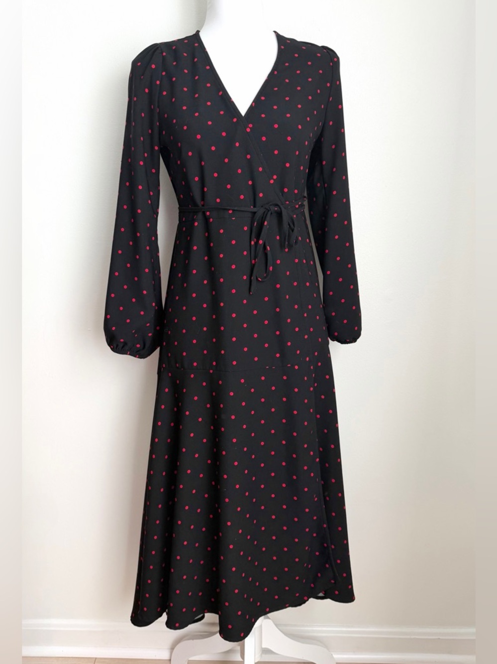 SCOOP Black and Red Polka Dot LS Wrap Dress XS